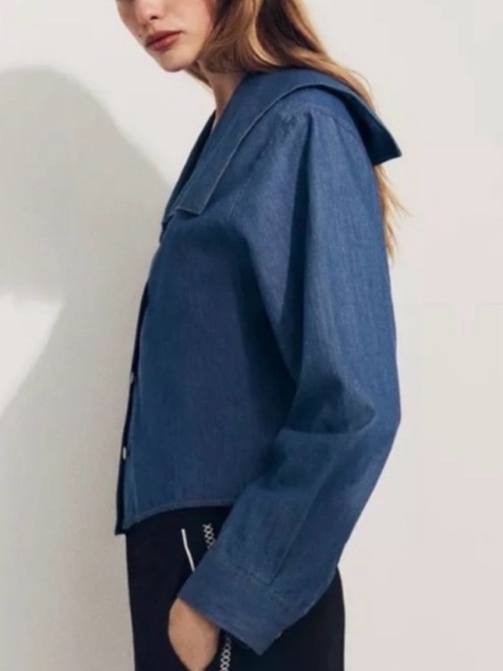 Zara Denim Effect Sailor Collar Shirt Blouse NWT Mid-Wash Blue Long Sleeves L